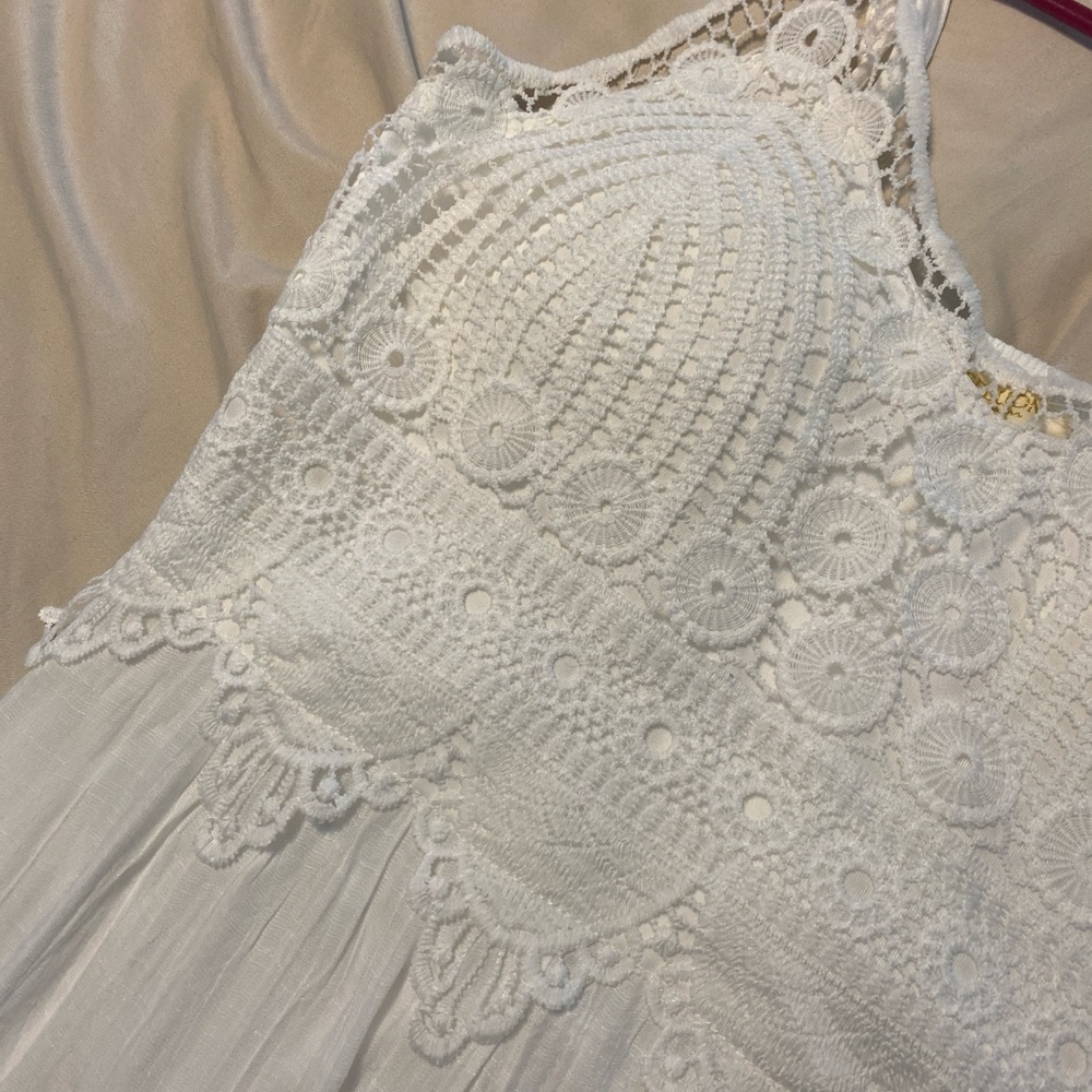 White lace maxi dress with sheer overlay, featuring a boho style!